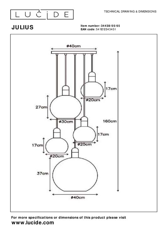 Lucide JULIUS - Suspension - 5xE27 - Fumé