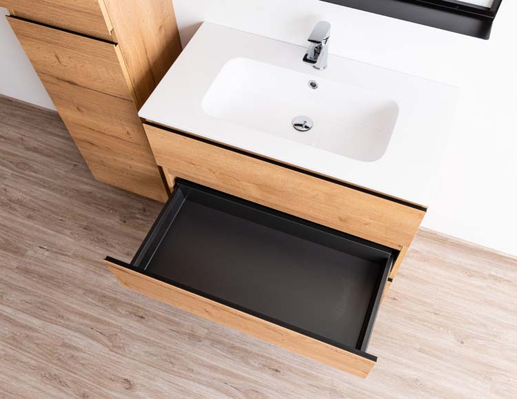 Meuble de salle de bain Daria chêne brun doré 900 mm sur pied lavabo brillant