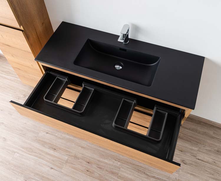 Meuble de salle de bain Daria chêne brun doré 1200 mm sur pied 1 lavabos noir mat