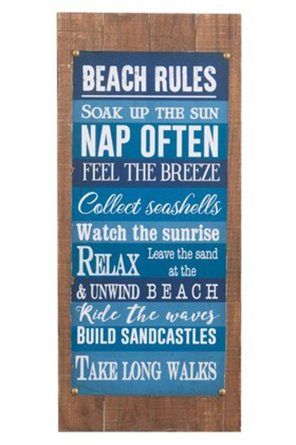 Tekstbord beach rules hout blauw 36x82 cm