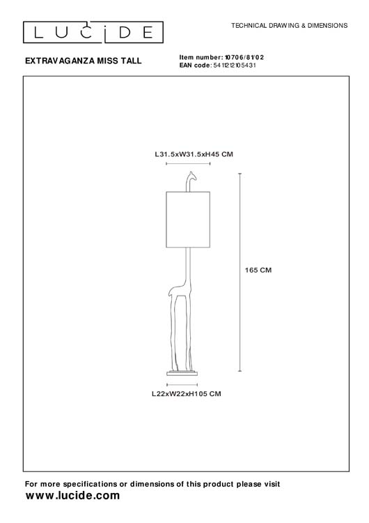 Lucide EXTRAVAGANZA MISS TALL - Vloerlamp - Ø 31,5 cm - 1xE27 - Mat Goud / Messing