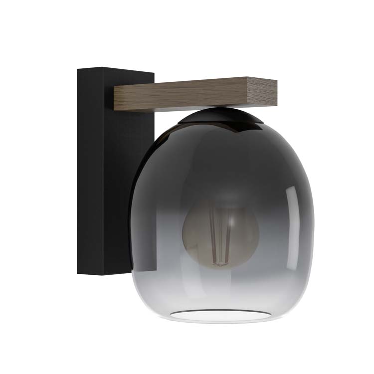 Lampe murale noir-bois verre gris fumé E27