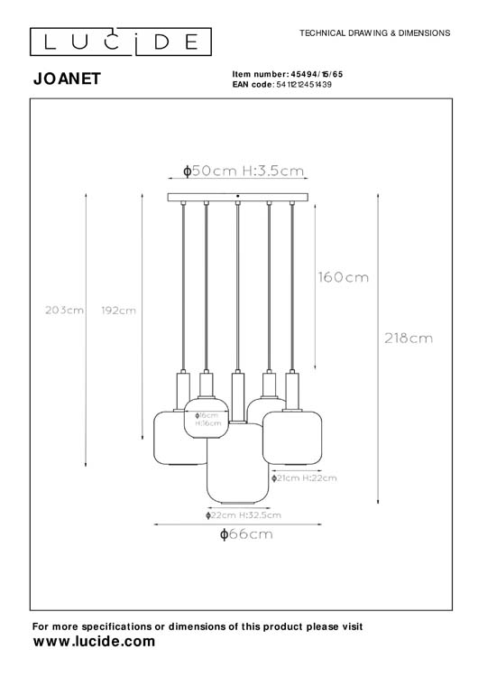 Suspension - Ø 66 cm - 5xE27 - Fumé