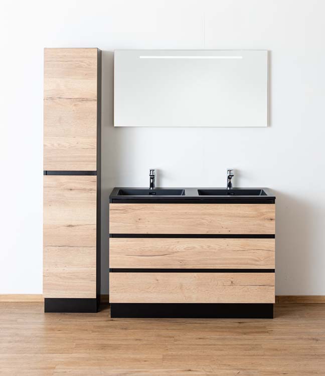 Meuble salle de bain Dotan noir/chêne 1200mm debout 2 lavabos noir