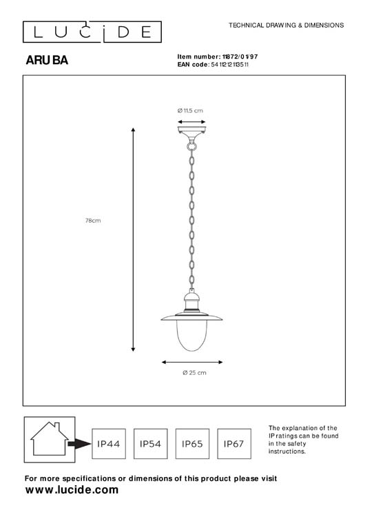 Lucide ARUBA - Suspension Extérieur - Ø 25 cm - E27 - IP44 - Rouille