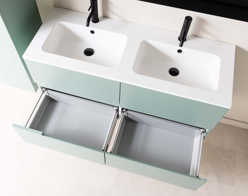 Meuble de salle de bain Truman gris-vert 1200 mm lavabo double blanc mat