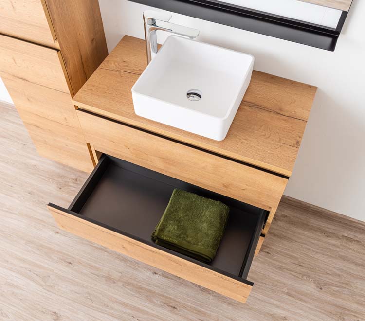 Meuble de salle de bain Daria chêne brun doré 900 mm sur pied tablette en saillie melamine