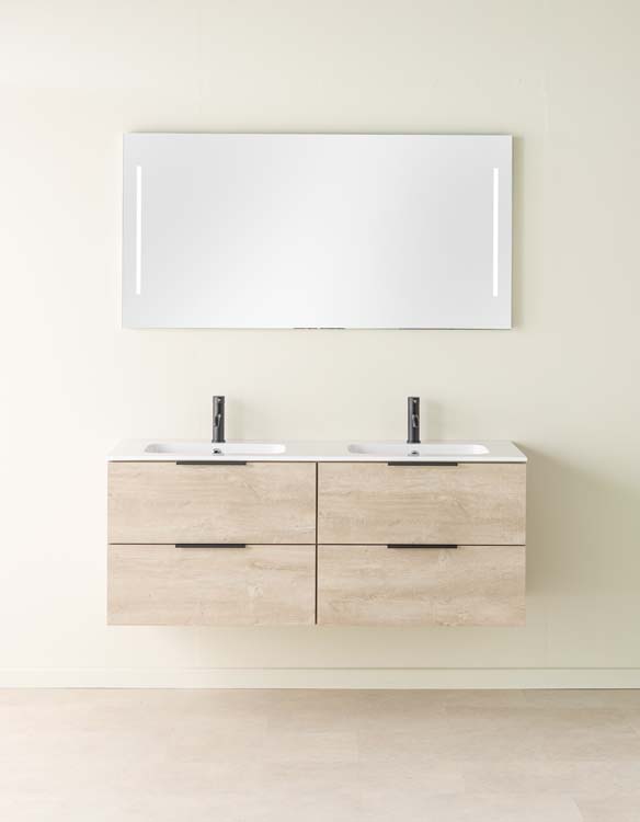 Meuble de salle de bain Plato chêne 1400 mm 4 tiroirs vasque blanc brillant