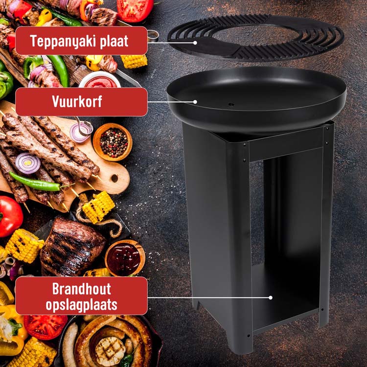 Vuurkorf en teppanyaki 3-in-1 grillplaat BBQ D61 x H90 cm zwart
