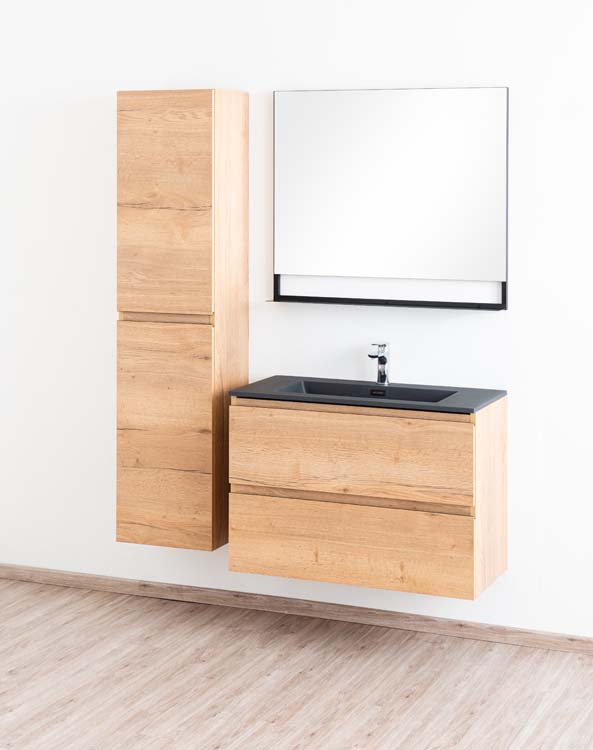 Meuble de salle de bain Daria chêne brun doré 900 mm lavabo noir mat