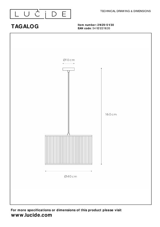 Lucide TAGALOG - Hanglamp - Ø 40 cm - 1xE27 - Zwart