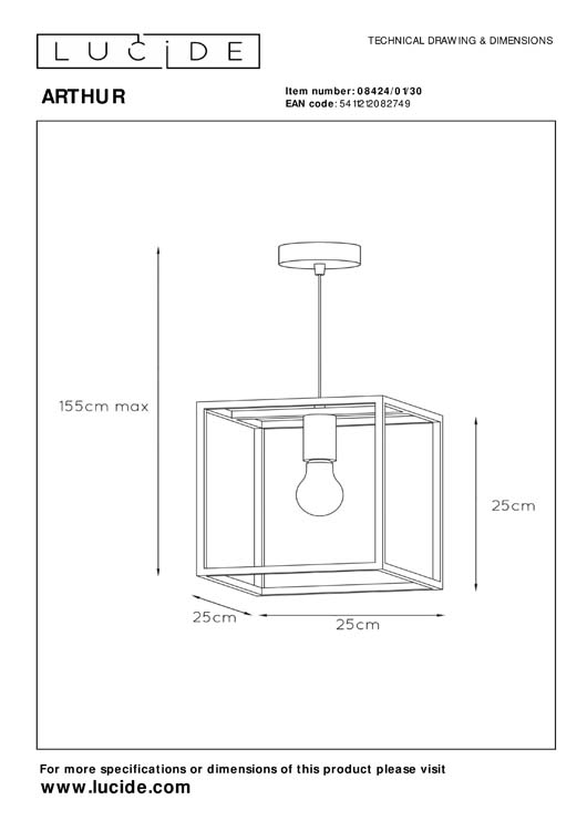 Lucide ARTHUR - Suspension - 1xE27 - Noir