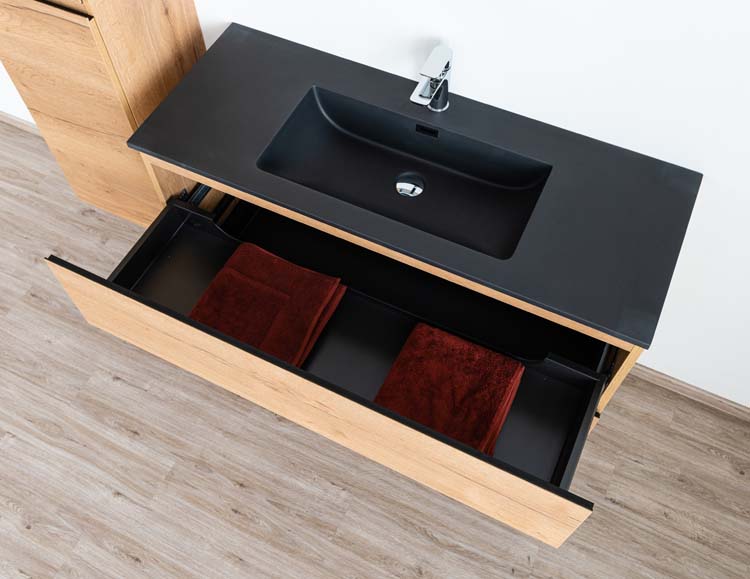 Meuble salle d bain Daria chêne brun doré 120cm lavabo noir mat simple