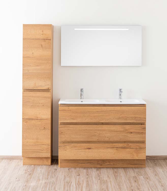 Meuble de salle de bain Daria chêne brun doré 1200 mm sur pied 2 lavabo mat