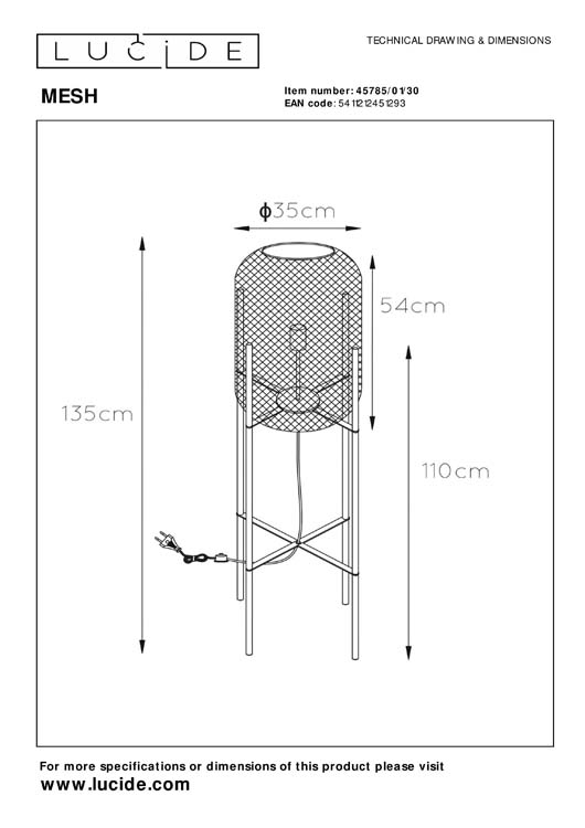 Lucide MESH - Lampadaire - Ø 39 cm - E27 - Noir