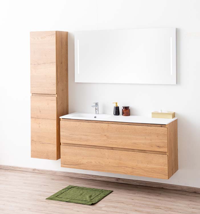 Meuble de salle de bain Daria chêne brun doré 1400 mm lavabo mat gauche