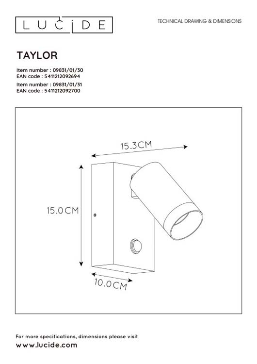 Lucide TAYLOR - Wandspot Buiten - 1xGU10 - IP44 - Wit