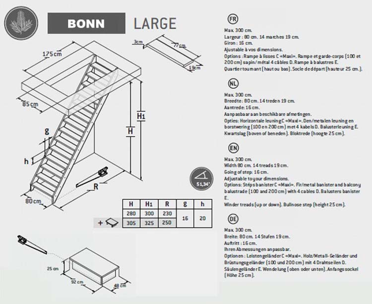 Meunier escalier Bonn Maxi 300 x 80 cmm