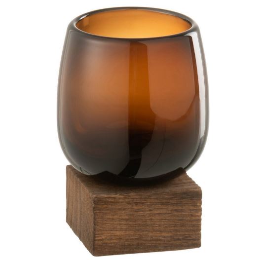 Vase sur pied haut verre/bois brun petit