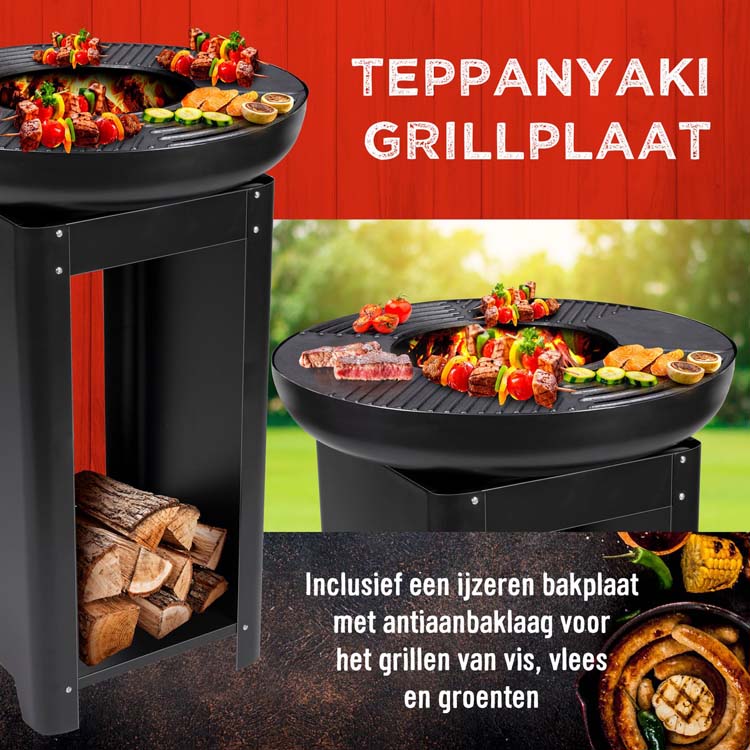 Panier à feu et gril teppanyaki 3 en 1 BBQ D61 x H90 cm noir