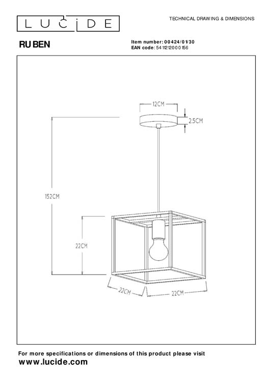 Lucide RUBEN - Hanglamp - 1xE27 - Zwart