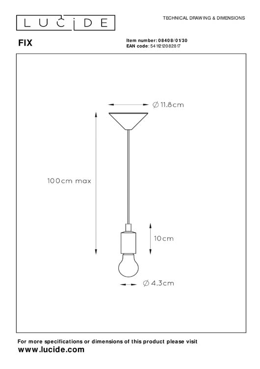 Lucide FIX - Hanglamp - Ø 10 cm - 1xE27 - Zwart