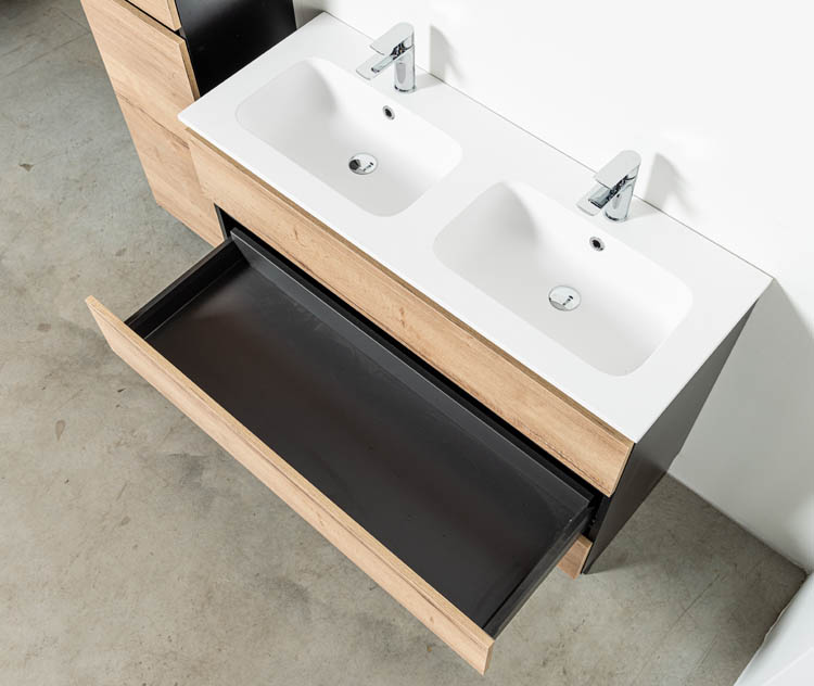 Meuble de salle de bain Dotan chêne/noir 1200 mm sur pied 2 lavabo brillant