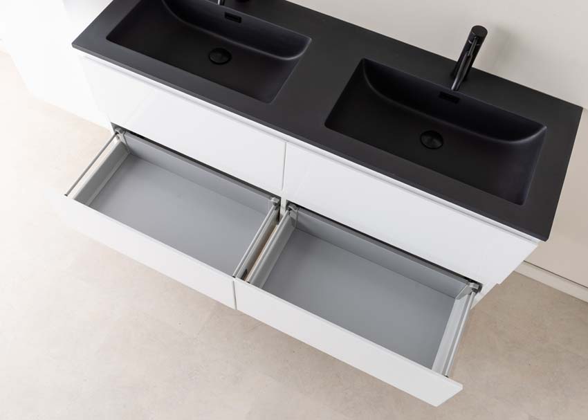 Meuble de salle de bain Tibo blanc 1400 mm lavabo double noir mat