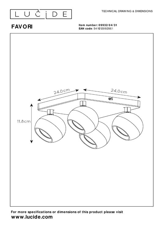 Plafondspot - 4xGU10 - Wit