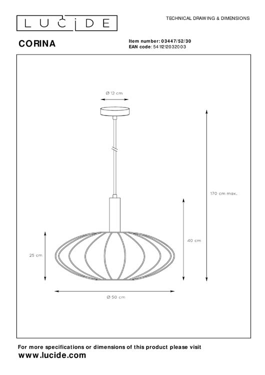 CORINA - Hanglamp - Ø 50 cm - 1xE27 - Zwart