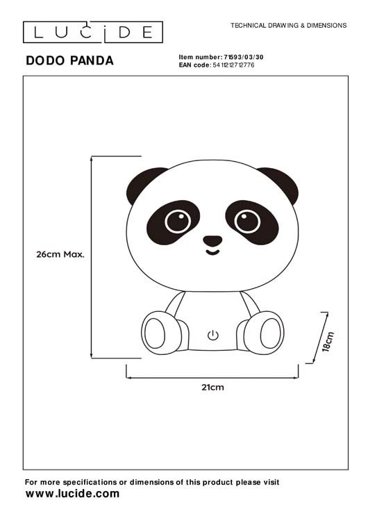 DODO PANDA - Lampe de table Chambres d'enfant - LED Dim. - 1x3W - 3 StepDim - Noir