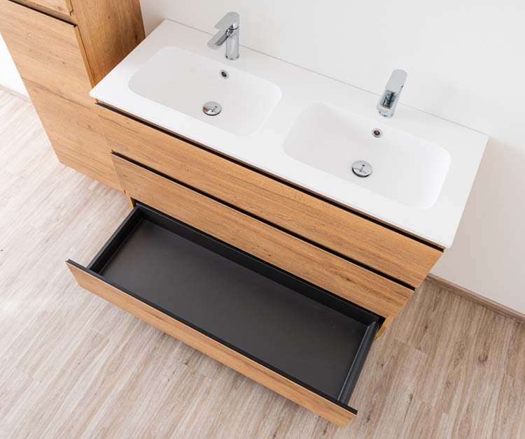 Meuble de salle de bain Daria chêne brun doré 1200 mm sur pied 2 lavabo mat