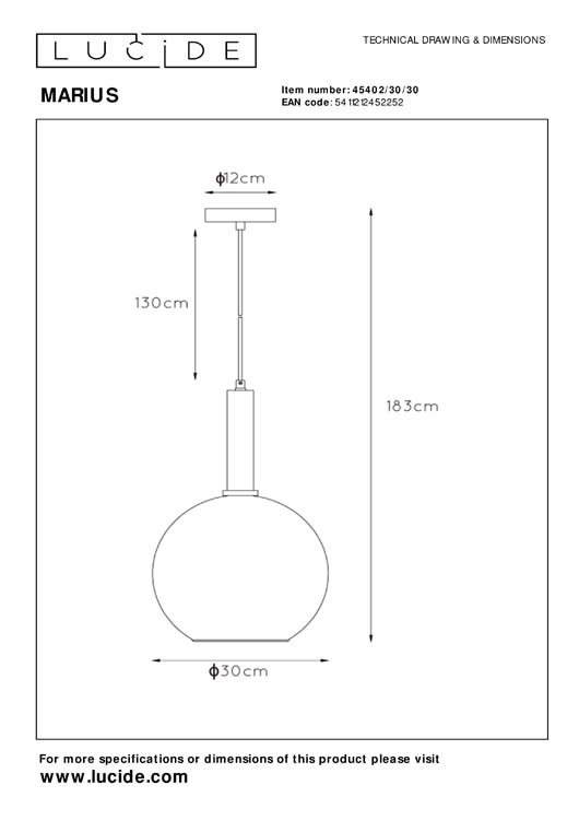 Lucide MARIUS - Suspension - Ø 30 cm - 1xE27 - Noir