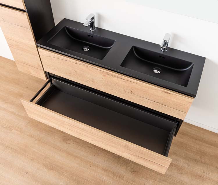 Meuble de salle de bain Dotan chêne chêne/noir 1400 mm 2 lavabo mat noir