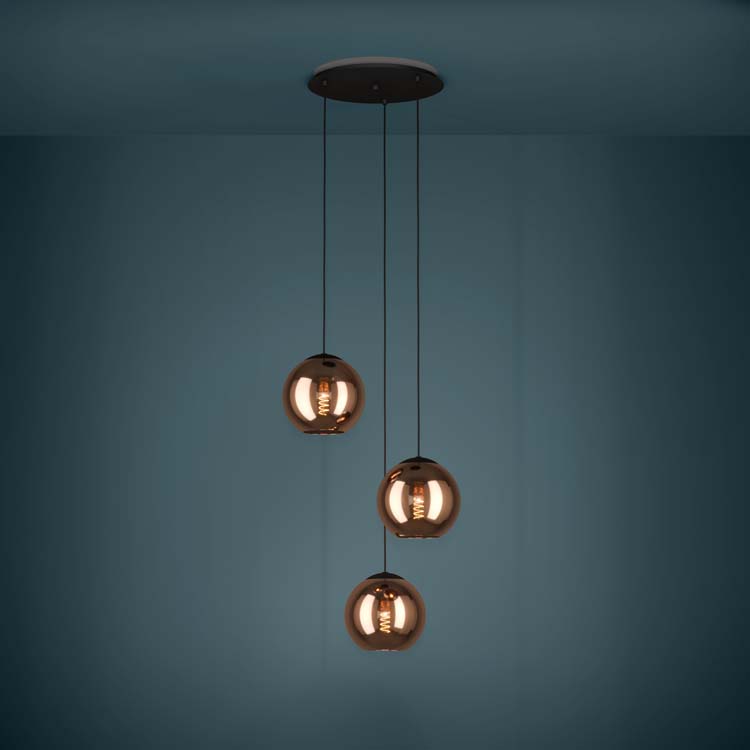 Lampe suspendue 3 boules noir-cuivre E27