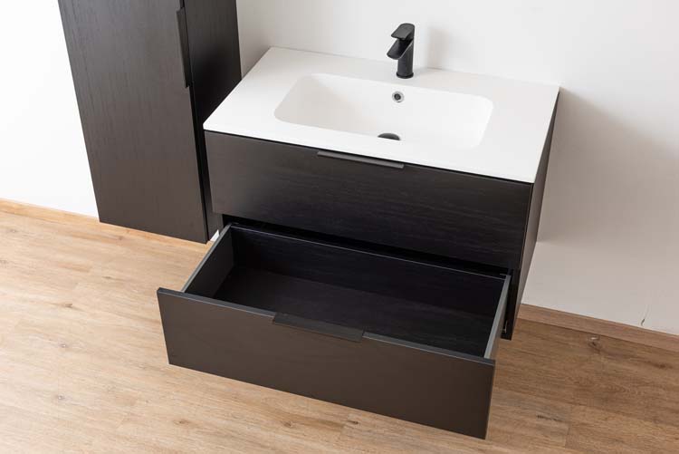 Meuble salle de bain Plato noir grain de bois 90 cm mat poignée supp noire