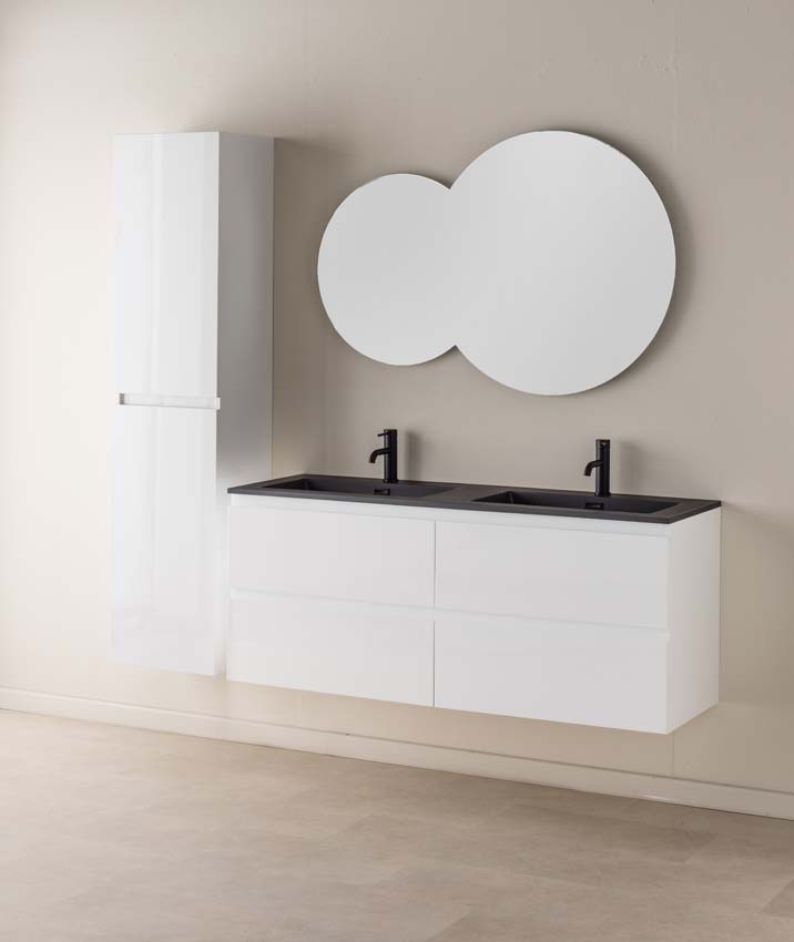 Meuble de salle de bain Tibo blanc 1400 mm lavabo double noir mat