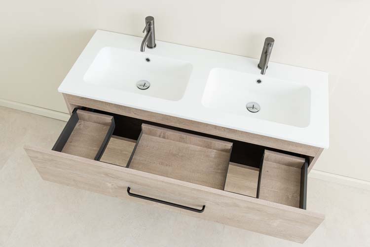 Meuble de salle de bain Plato chêne 1200 mm 2 tiroirs, vasque blanc mat