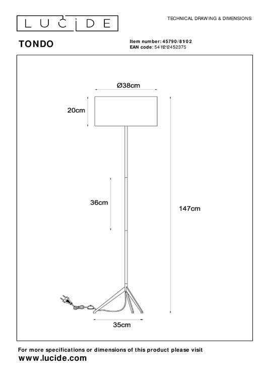 Lucide TONDO - Lampadaire - Ø 38 cm - 1xE27 - Or Mat / Laiton