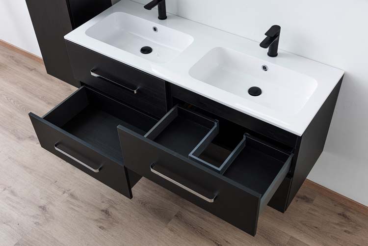 Meuble salle de bain Plato noir grain de bois 140cm - brillant - poignée chrome