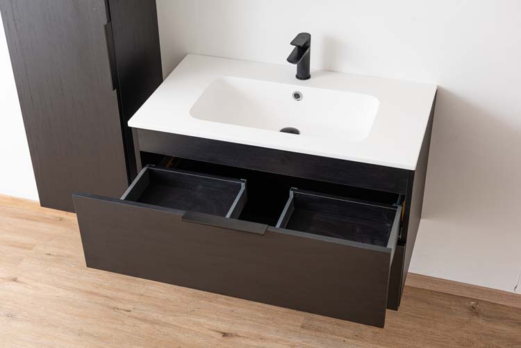 Meuble salle de bain Plato noir grain de bois 90 cm mat poignée supp noire