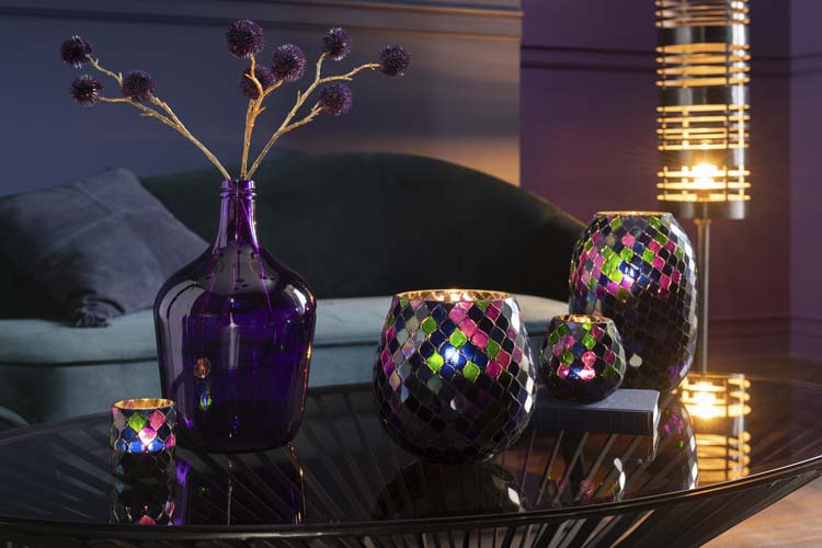 Porte-bougie en verre mosaïque violet 10 x 11 cm
