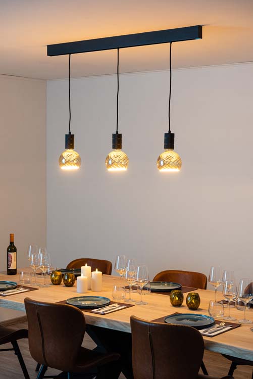 Railverlichting design Béa zwart set 1,2m 3 pendels Smokey Grey E27 3x6W