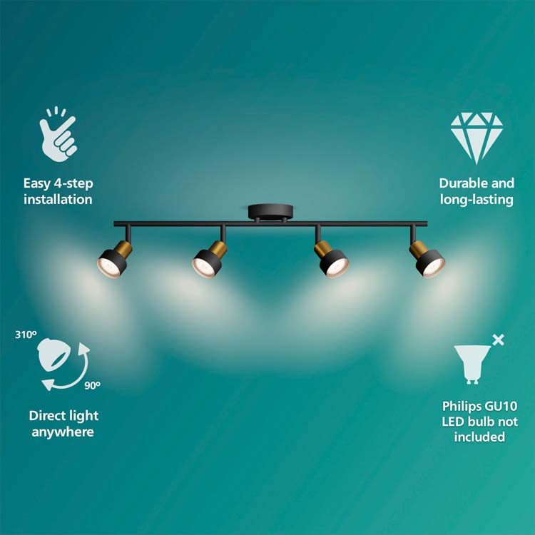 Spot plafond/mur - dimmable - GU10 - 4x5W - lampe excl - noir/dorée