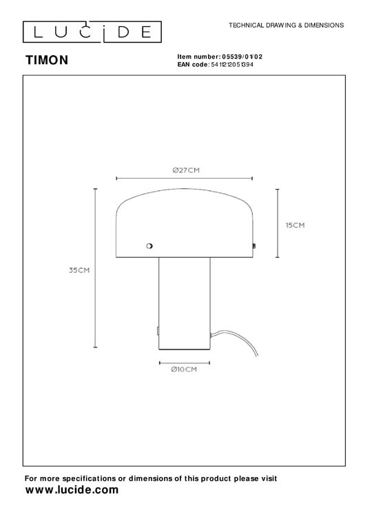 Lucide TIMON - Tafellamp - 1xE27 - 3 StepDim - Mat Goud / Messing