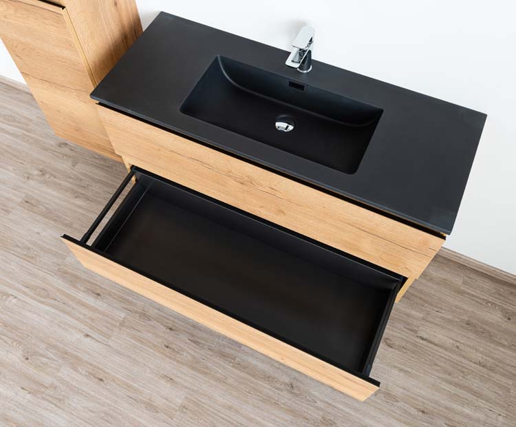 Meuble salle d bain Daria chêne brun doré 120cm lavabo noir mat simple