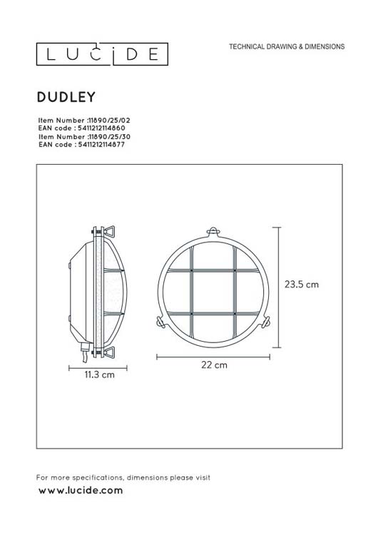 Lucide DUDLEY - Wandlamp - Ø 25 cm - 1xE27 - IP65 - Mat Goud / Messing