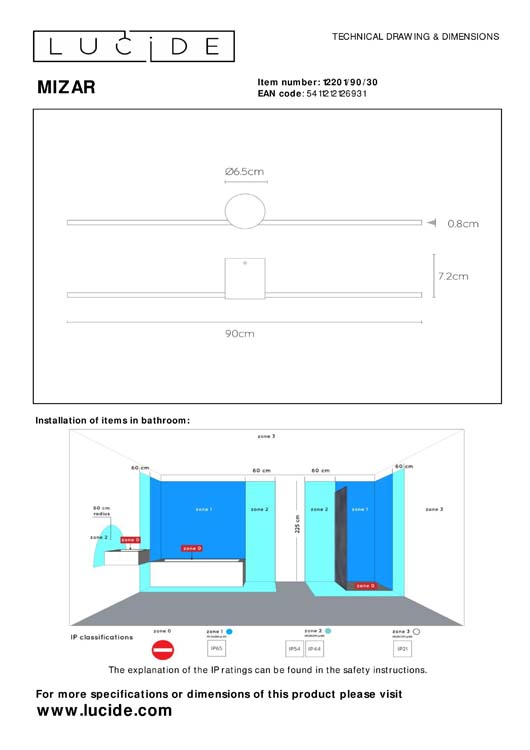 MIZAR Applique 90cm LED 6W IP44 Noir