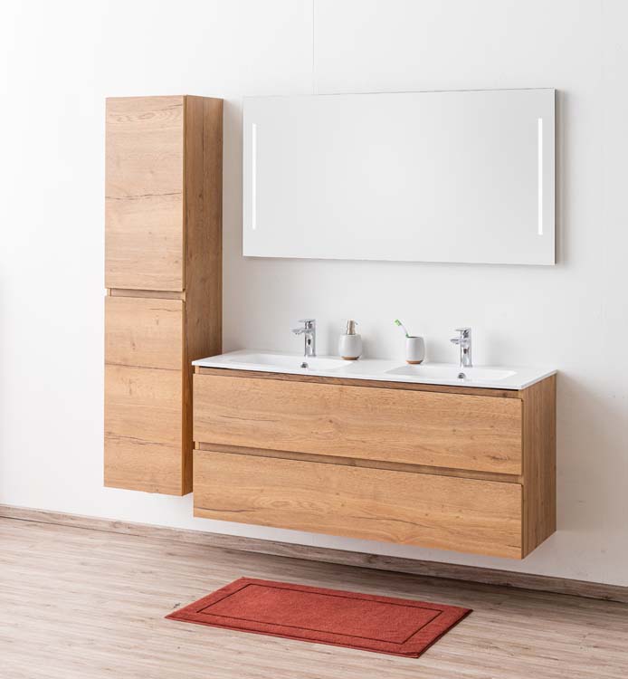 Meuble de salle de bain Daria chêne brun doré 1400 mm 2 lavabo brillant