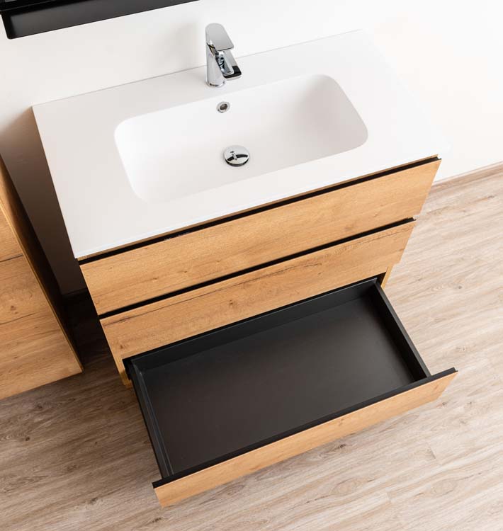 Meuble de salle de bain Daria chêne brun doré 900 mm sur pied lavabo mat